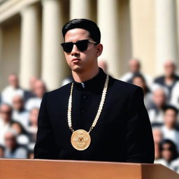 A European young man with an oval face and black hair styled in a classic crew cut is giving a speech at a religious conference