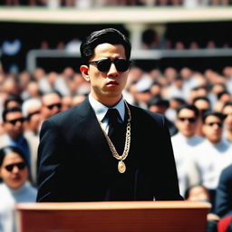 A European young man with an oval face and black hair styled in a classic crew cut is giving a speech at a religious conference