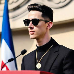 A photo of a European young man with an oval face and black hair in a classic crew cut