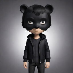 An endearing cartoon boy with sleek black hair, wearing a black jacket, black jeans and his mystery enhanced with a black bear mask.