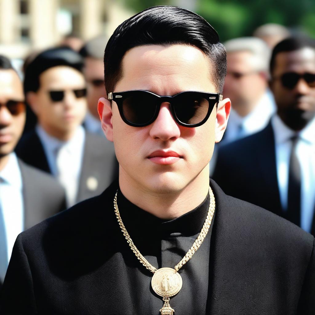 A photo of a European young man with an oval face and black hair in a classic crew cut