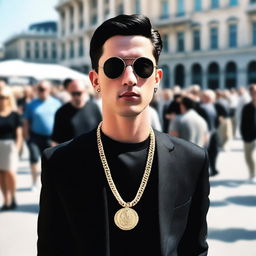 A photo of a European young man with an oval face and black hair in a classic crew cut