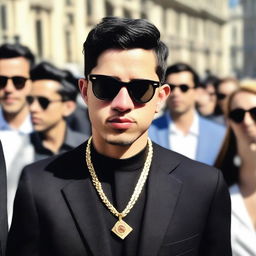 A photo of a European young man with an oval face and black hair in a classic crew cut