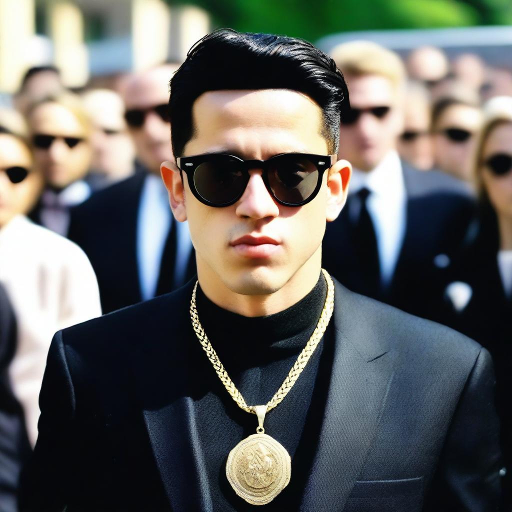 A photo of a European young man with an oval face, black hair in a classic crew cut, wearing a black suit, black shirt, and black sunglasses