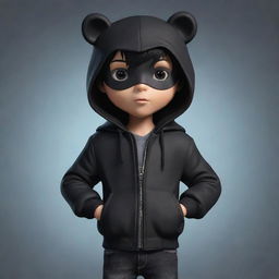 An endearing cartoon boy with sleek black hair, wearing a black jacket, black jeans and his mystery enhanced with a black bear mask.
