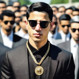 A photo of a European young man with an oval face, black hair in a classic crew cut, wearing a black suit, black shirt, and black sunglasses