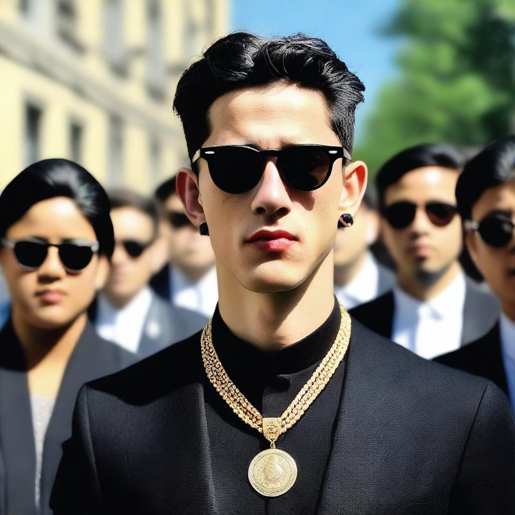 A photo of a European young man with an oval face, black hair in a classic crew cut, wearing a black suit, black shirt, and black sunglasses