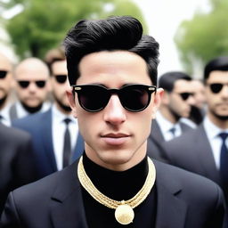 A photo of a European young man with an oval face, black hair in a classic crew cut, wearing a black suit, black shirt, and black sunglasses