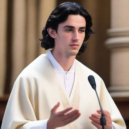 A photo of a European young man with an oval face and black hair in a classic cut