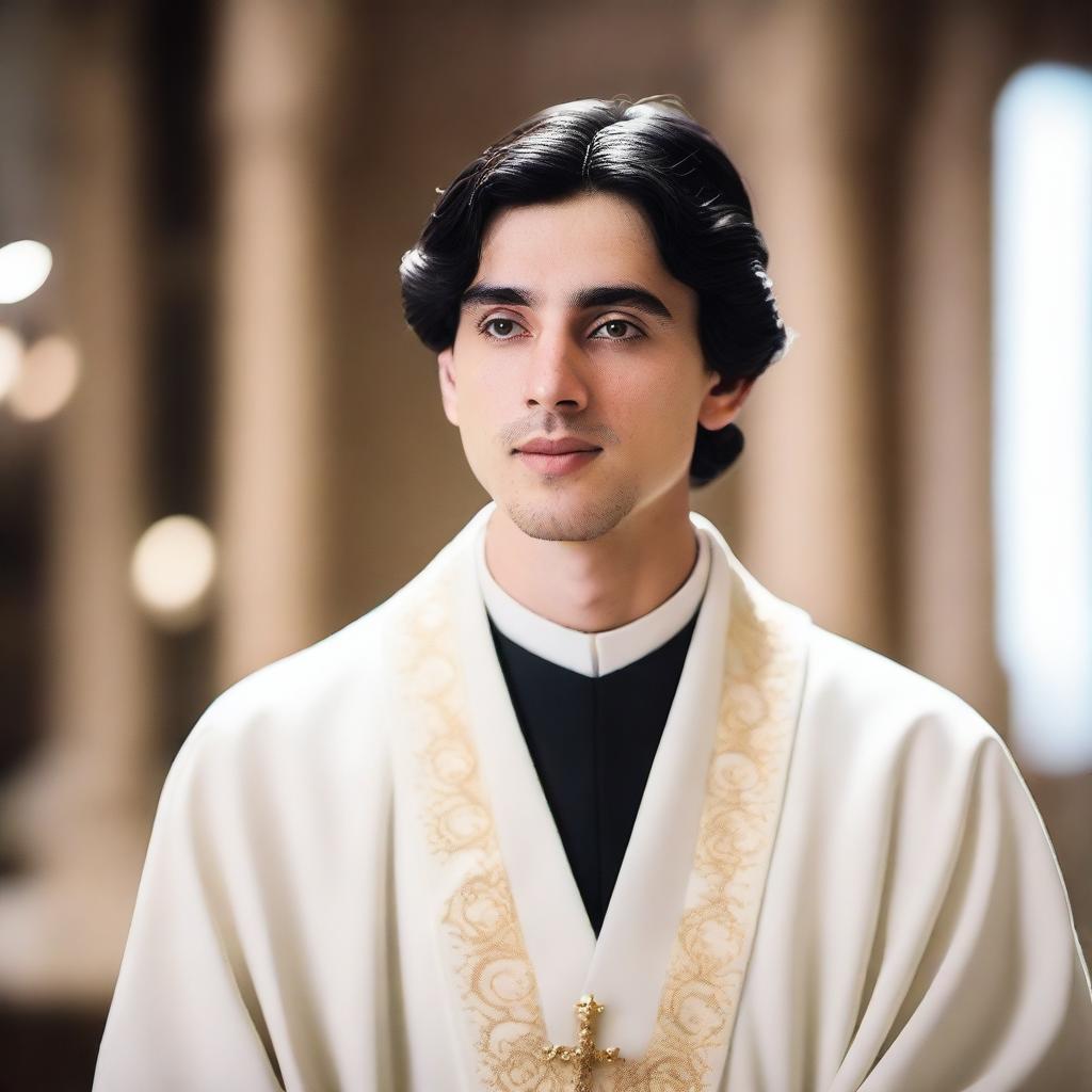 A photo of a European young man with an oval face and black hair in a classic cut