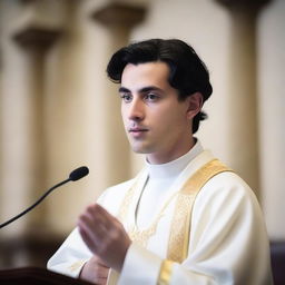 A photo of a European young man with an oval face and black hair in a classic cut