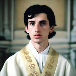 A photograph of a young European man with an oval face and black hair in a classic cut