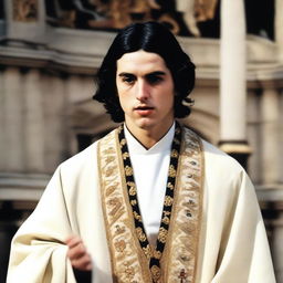 A photograph of a young European man with an oval face and black hair in a classic cut