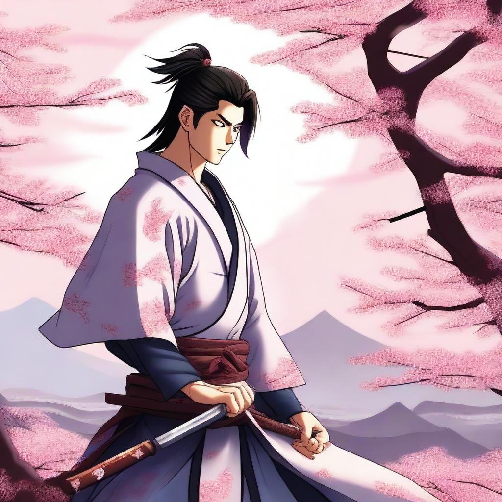 An anime-style swordsman standing confidently with a gleaming katana in hand, wearing traditional samurai armor