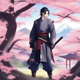 An anime-style swordsman standing confidently with a gleaming katana in hand, wearing traditional samurai armor