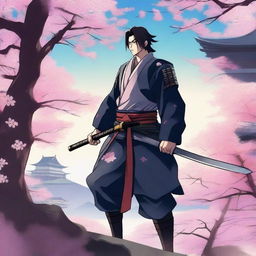 An anime-style swordsman standing confidently with a gleaming katana in hand, wearing traditional samurai armor