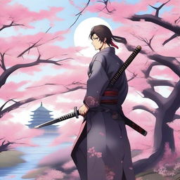 An anime-style swordsman standing confidently with a gleaming katana in hand, wearing traditional samurai armor