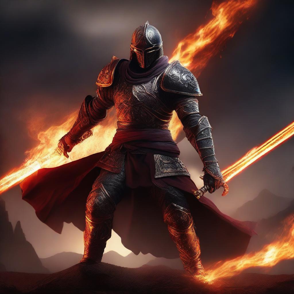 A fierce warrior wielding a flaming sword, standing in a dynamic battle pose