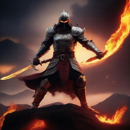 A fierce warrior wielding a flaming sword, standing in a dynamic battle pose