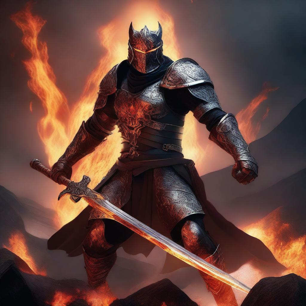 A fierce warrior wielding a flaming sword, standing in a dynamic battle pose