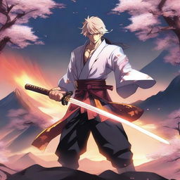 A powerful anime swordsman wielding a flaming sword, standing in a dynamic pose with flames swirling around him