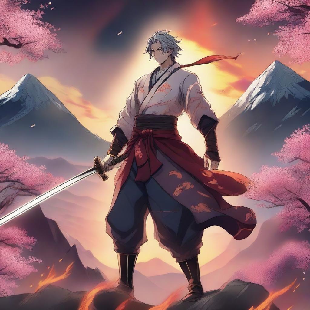 A powerful anime swordsman wielding a flaming sword, standing in a dynamic pose with flames swirling around him