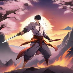 A powerful anime swordsman wielding a flaming sword, standing in a dynamic pose with flames swirling around him