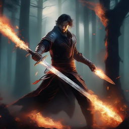 A realistic depiction of a swordsman wielding a flaming sword