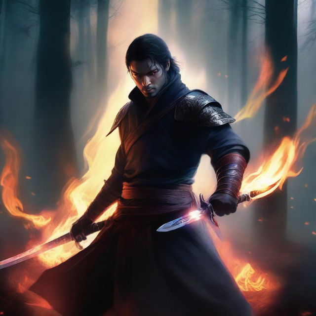 A realistic depiction of a swordsman wielding a flaming sword