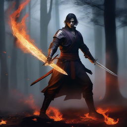 A realistic depiction of a swordsman wielding a flaming sword