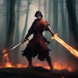 A realistic depiction of a swordsman wielding a flaming sword