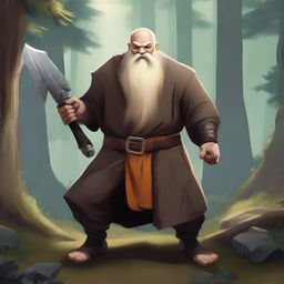 A powerful dwarf monk with a muscular build, wielding a large battleaxe