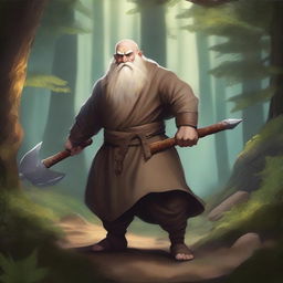 A powerful dwarf monk with a muscular build, wielding a large battleaxe