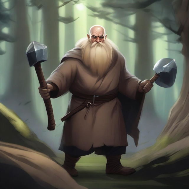 A powerful dwarf monk with a muscular build, wielding a large battleaxe