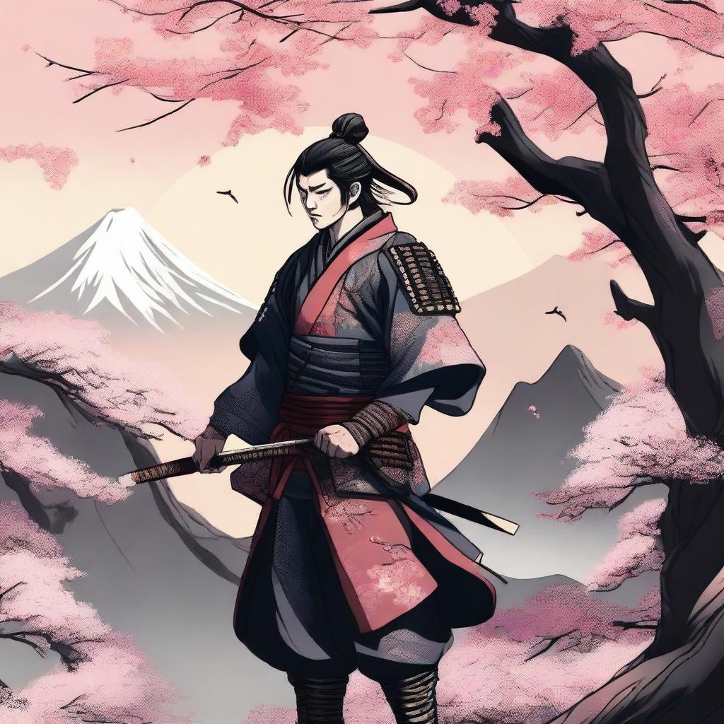 A detailed manga-style illustration of a samurai warrior