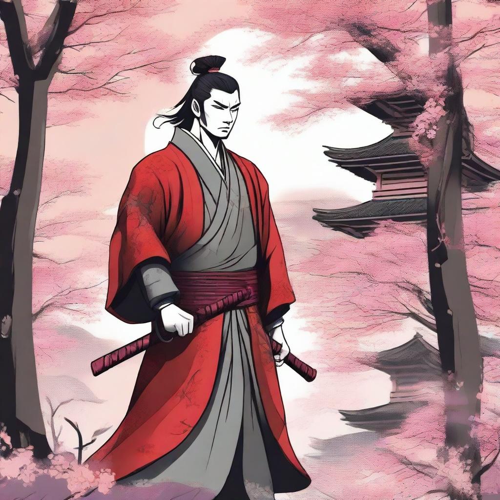 A detailed manga-style illustration of a samurai in traditional Chinese attire