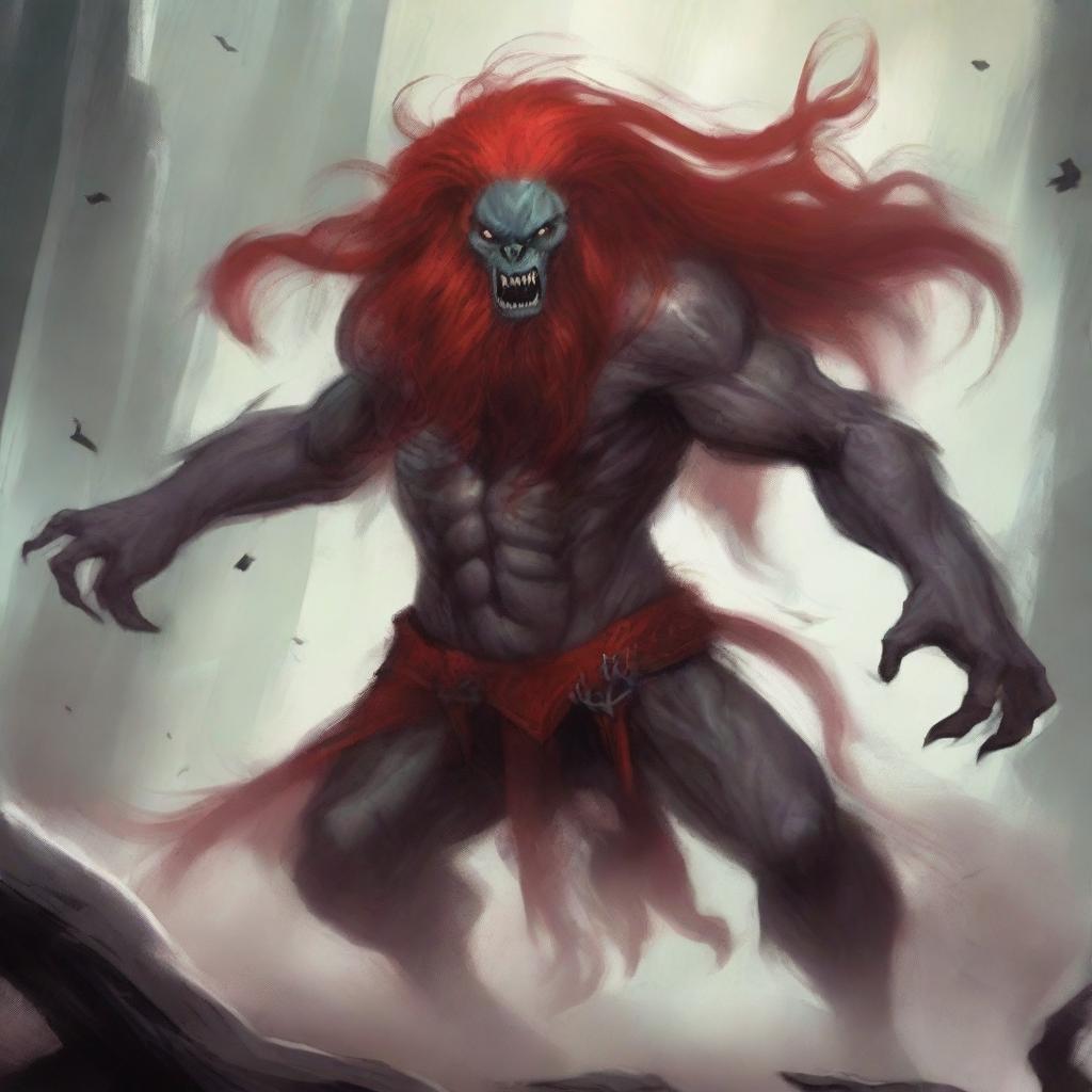 A book cover illustration featuring a tall, human-like monster with long dark red hair and star-shaped pupils