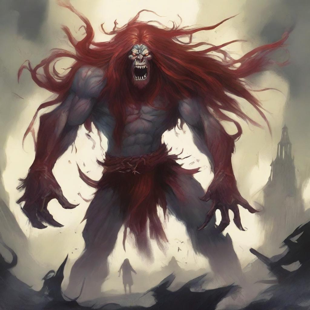 A book cover illustration featuring a tall, human-like monster with long dark red hair and star-shaped pupils