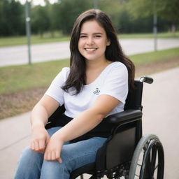 A strong and radiant girl with dark hair, despite missing her limbs, radiates positivity while sitting on her wheelchair with a winnning smile