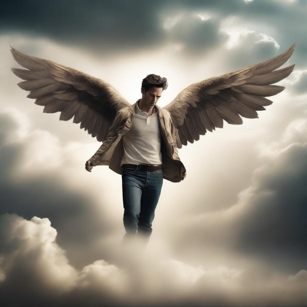 A captivating novel cover featuring a man with wings falling from the sky