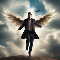 A captivating novel cover featuring a man with wings falling from the sky