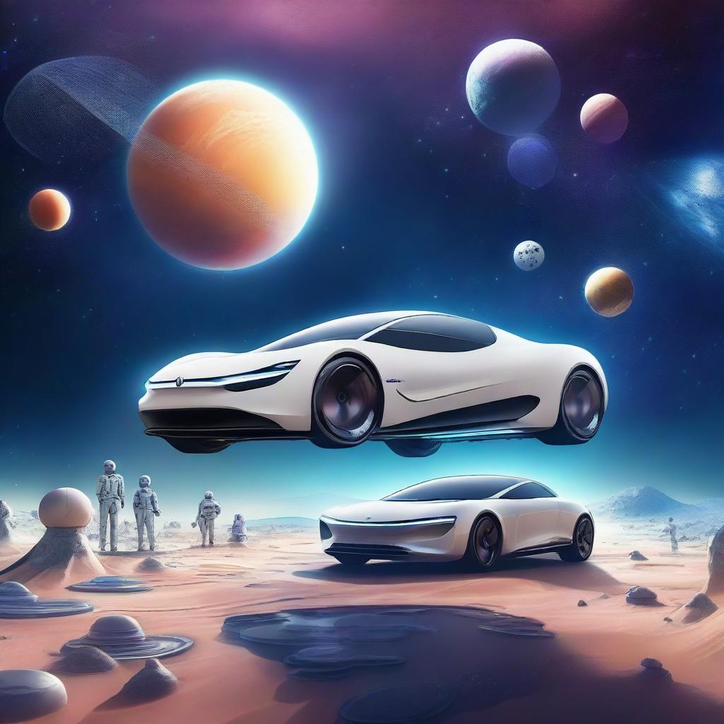 A futuristic scene featuring an Opel and a Renault car in outer space, with stars and planets in the background