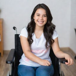 A strong and radiant girl with dark hair, despite missing her limbs, radiates positivity while sitting on her wheelchair with a winnning smile