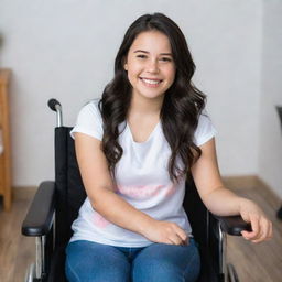 A strong and radiant girl with dark hair, despite missing her limbs, radiates positivity while sitting on her wheelchair with a winnning smile