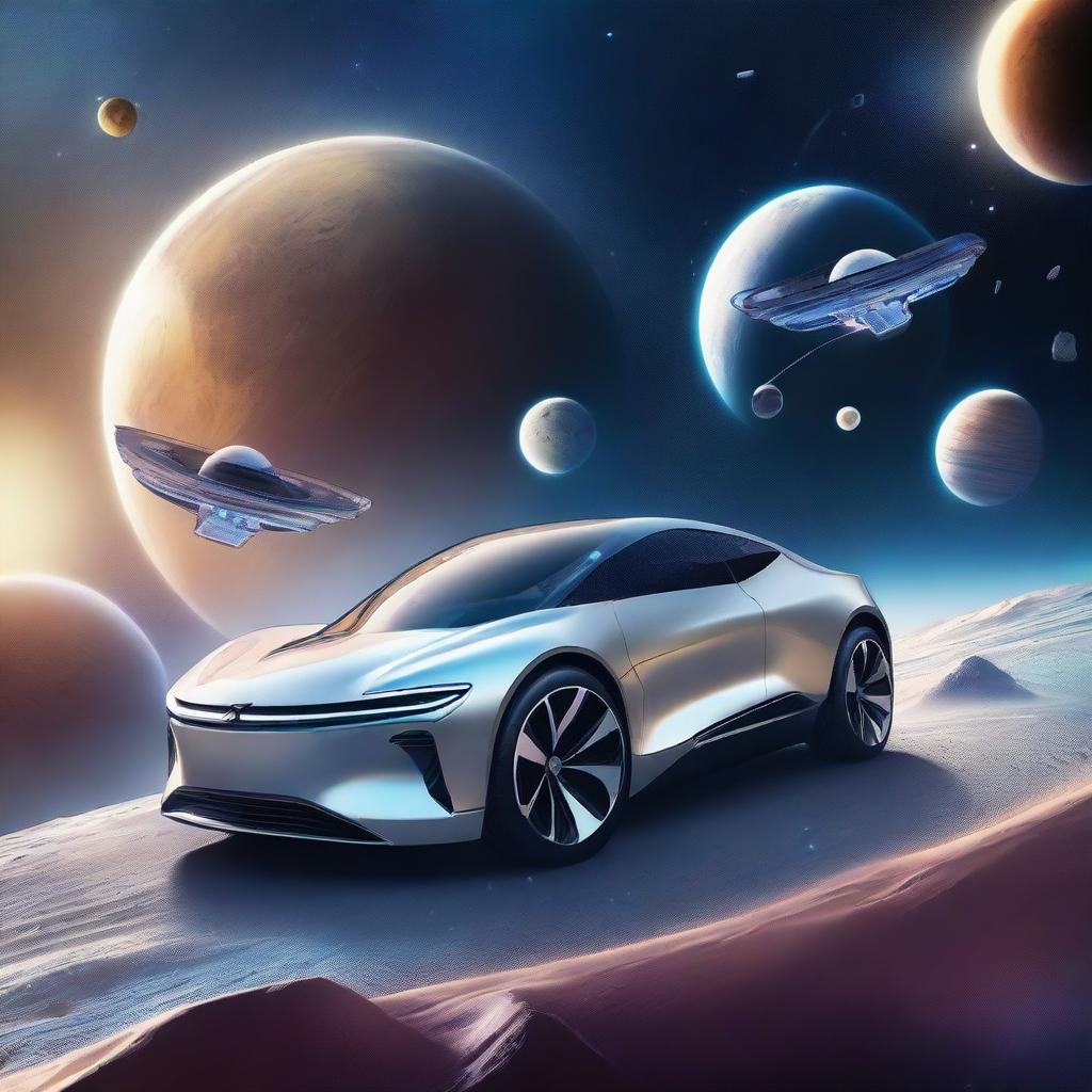 A futuristic scene featuring an Opel and a Renault car in outer space, with stars and planets in the background