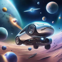 A futuristic scene featuring an Opel and a Renault car in outer space, with stars and planets in the background