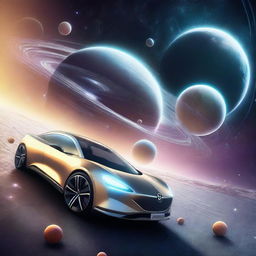 A futuristic scene featuring an Opel and a Renault car in outer space, with stars and planets in the background