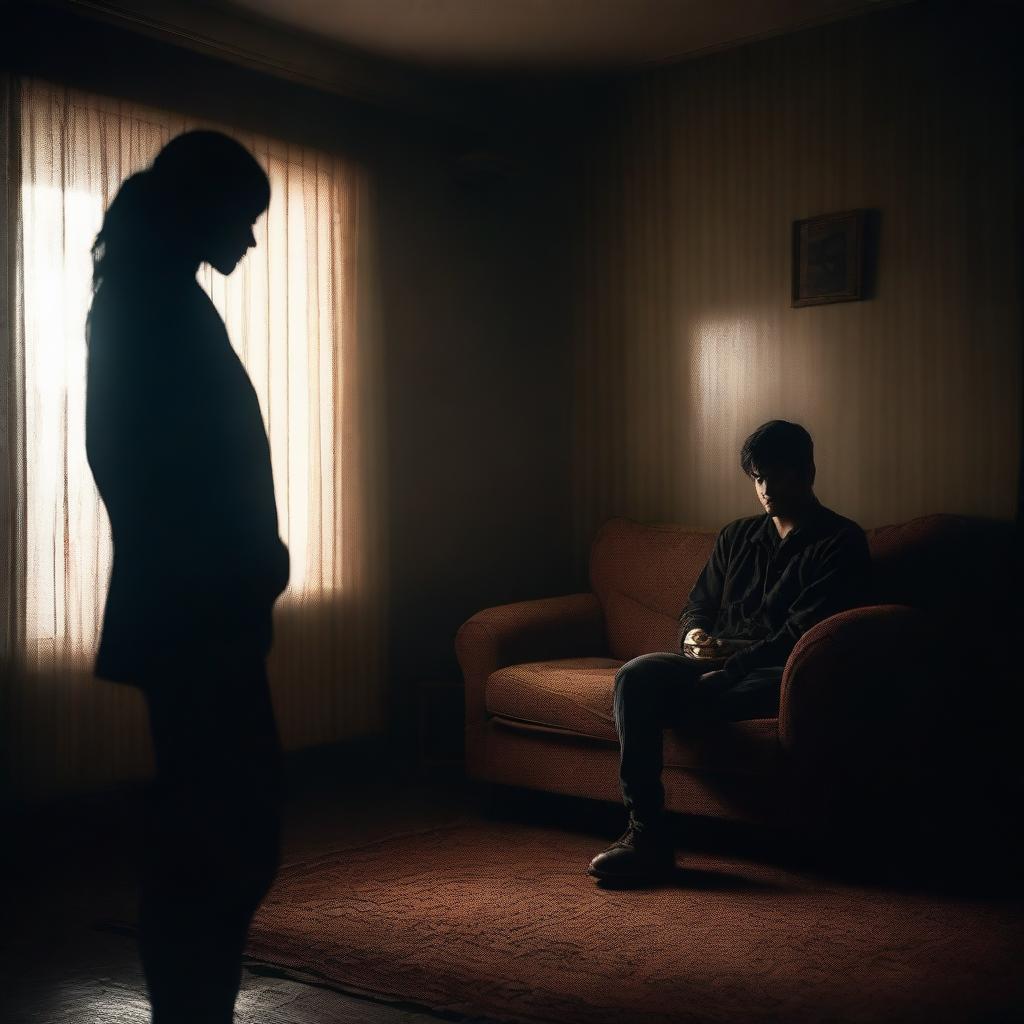 A man sitting on a couch in a dimly lit room, with a girl standing behind him