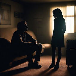 A man sitting on a couch in a dimly lit room, with a girl standing behind him