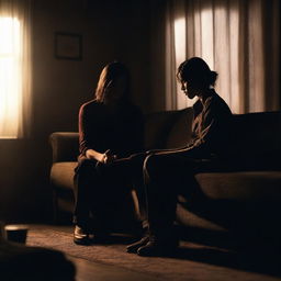 A man sitting on a couch in a dimly lit room, with a girl standing behind him